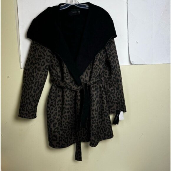 Tahari NEW Ella Leopard Animal Print Wrap Coat Wool Belt Shawl Jacket Pockets XL - Picture 2 of 16